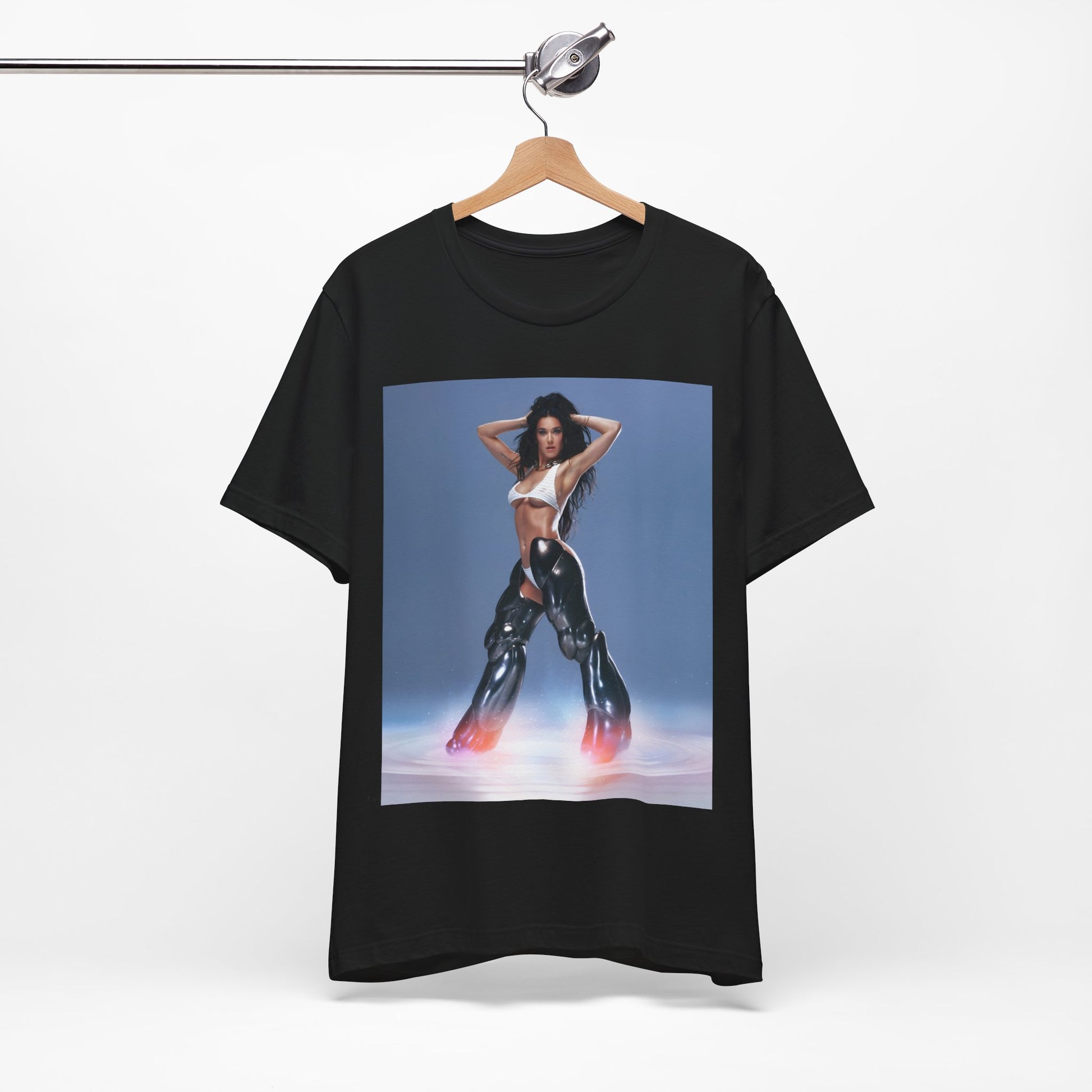 A black graphic t-shirt featuring a graphic of Katy Perry as a pop diva.