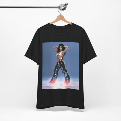 A black graphic t-shirt featuring a graphic of Katy Perry as a pop diva.
