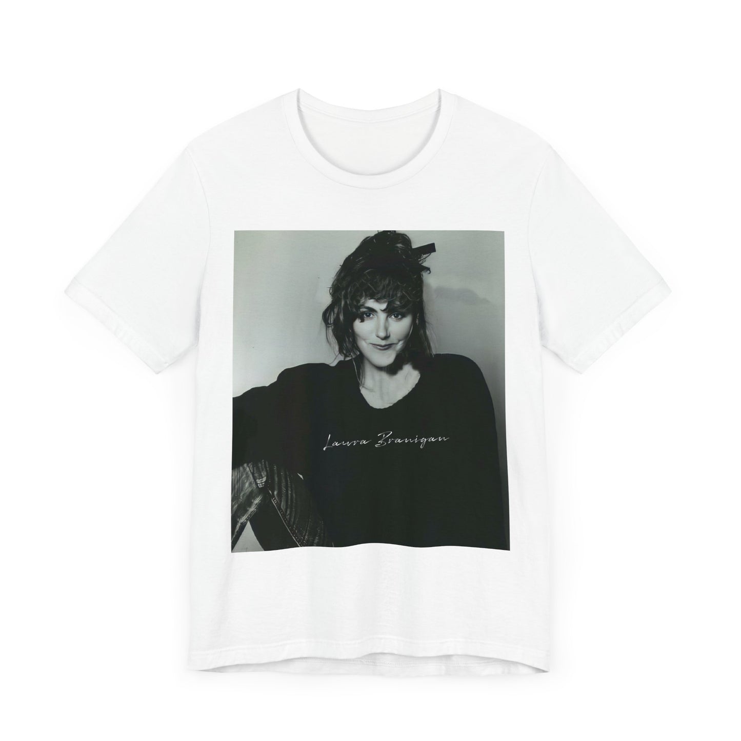 A black graphic t-shirt featuring a casual 80s pop fan graphic of Laura Branigan.