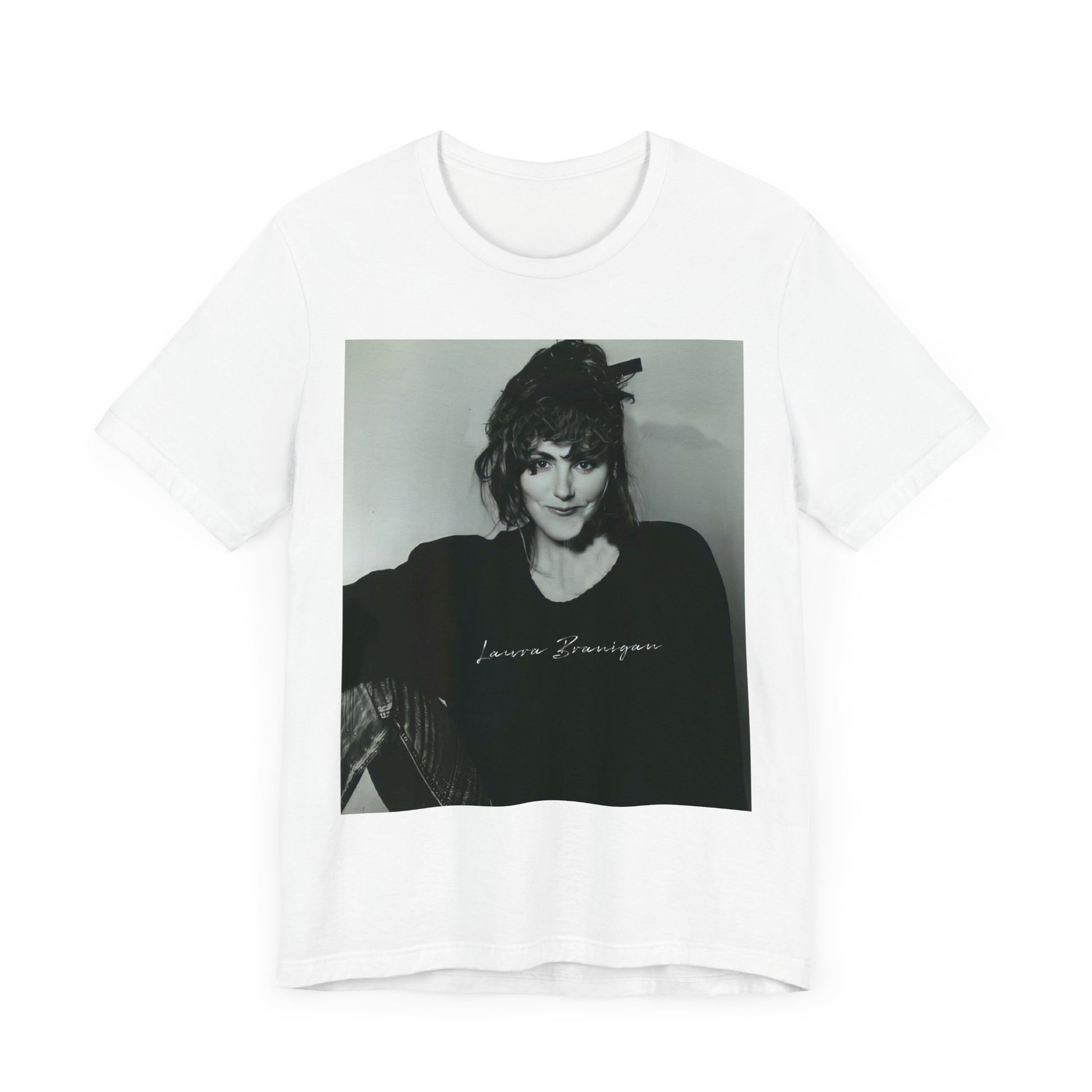 A black graphic t-shirt featuring a casual 80s pop fan graphic of Laura Branigan.