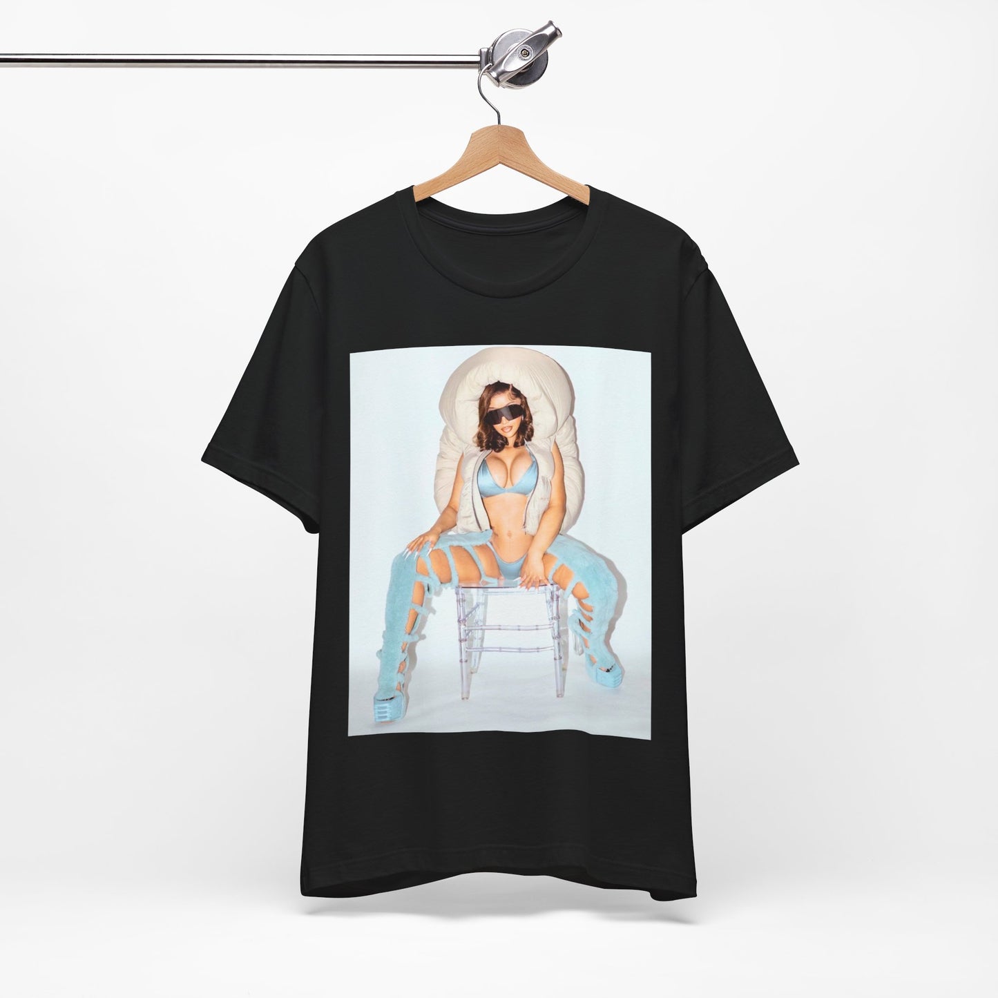 A black graphic t-shirt featuring a glamorous photo portrait of Cardi B.