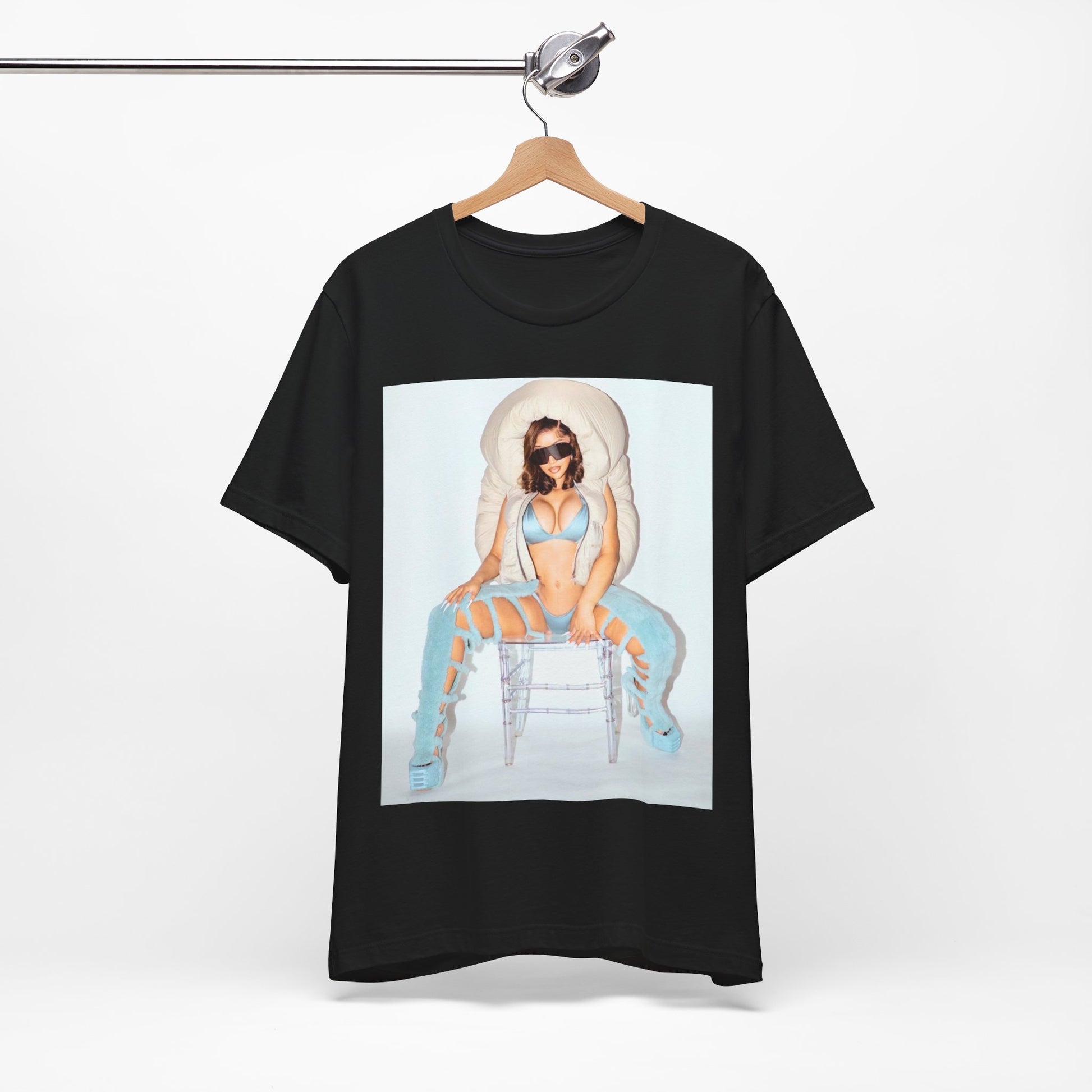 A black graphic t-shirt featuring a glamorous photo portrait of Cardi B.