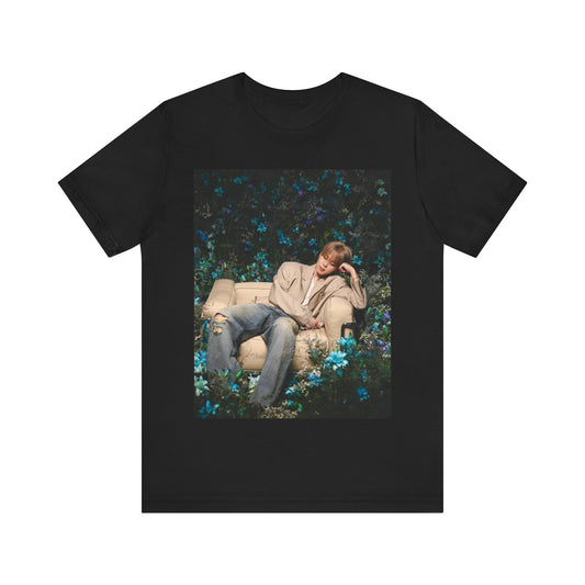 A black graphic t-shirt featuring an aesthetic graphic of Jimin in a K-Pop style.