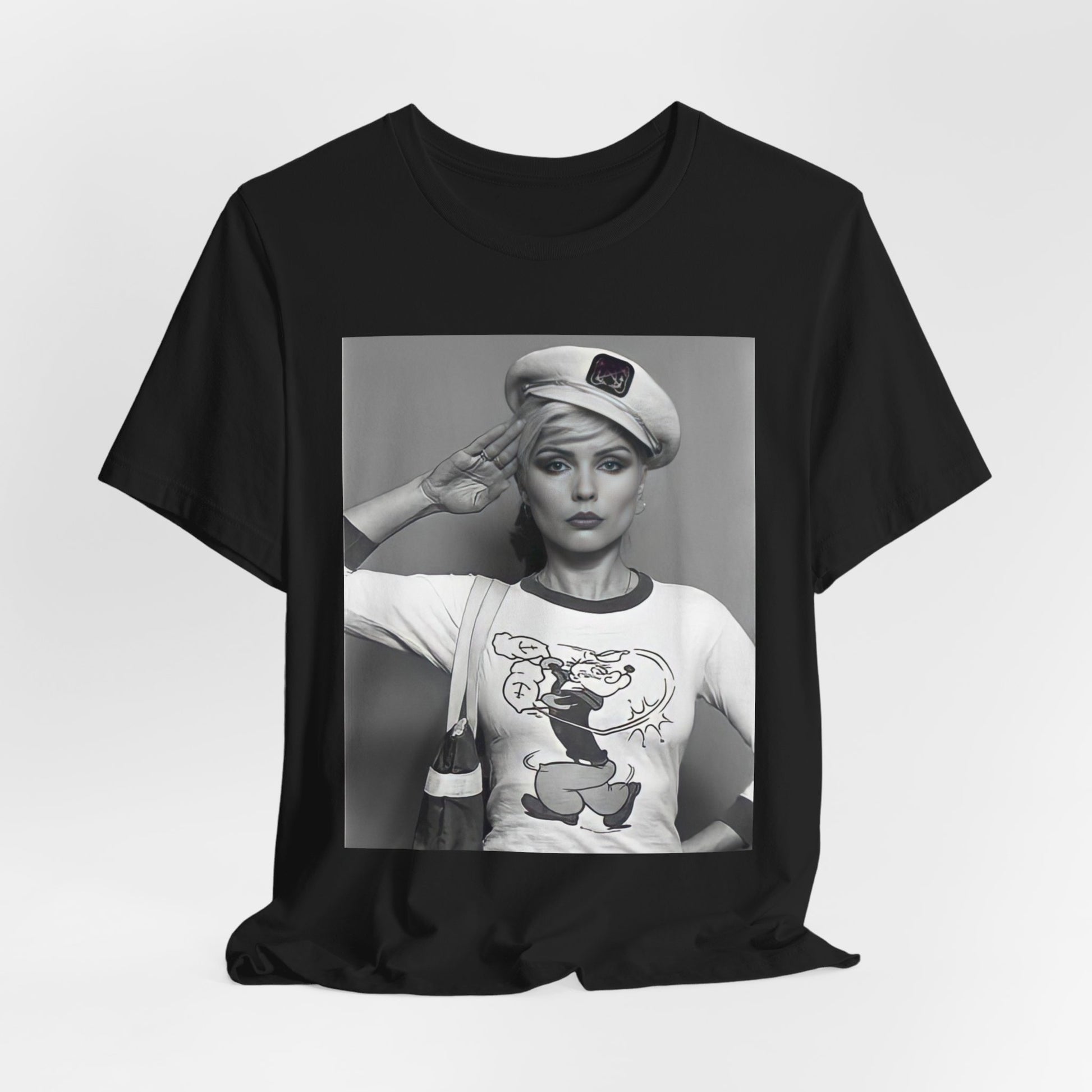 A black graphic t-shirt featuring a classic black and white graphic of the band Blondie.