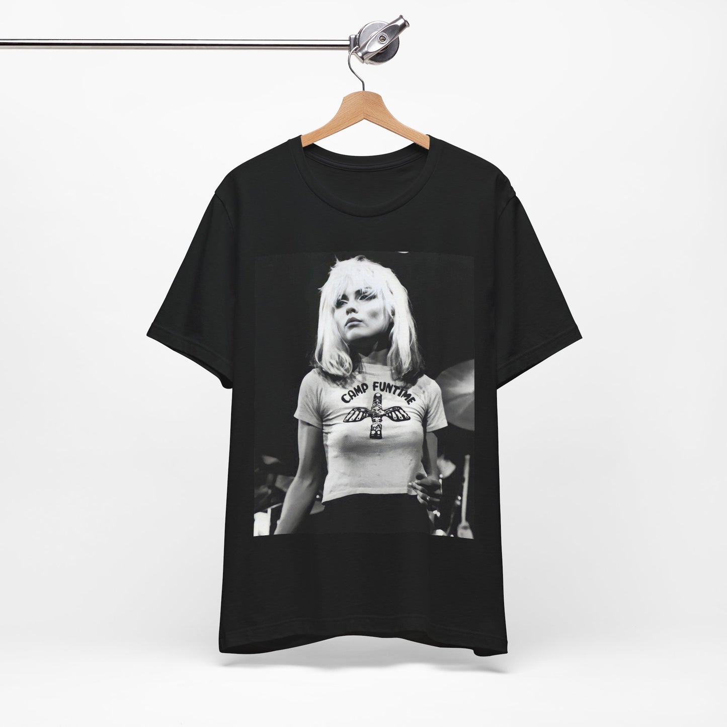 A black graphic t-shirt featuring a classic graphic or photo of Blondie performing live on stage.