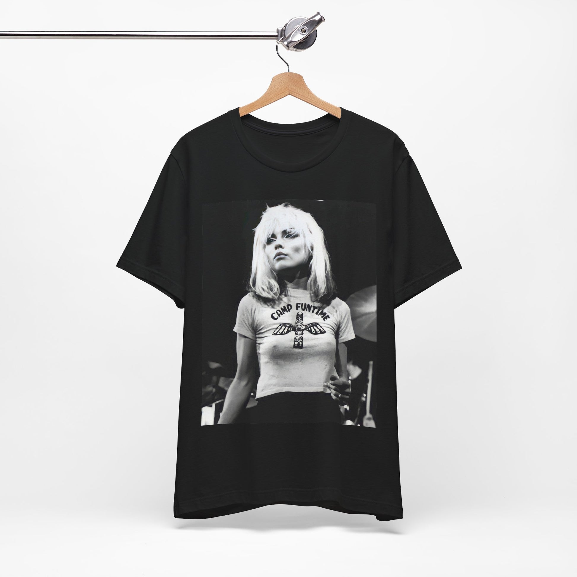 A black graphic t-shirt featuring a classic graphic or photo of Blondie performing live on stage.