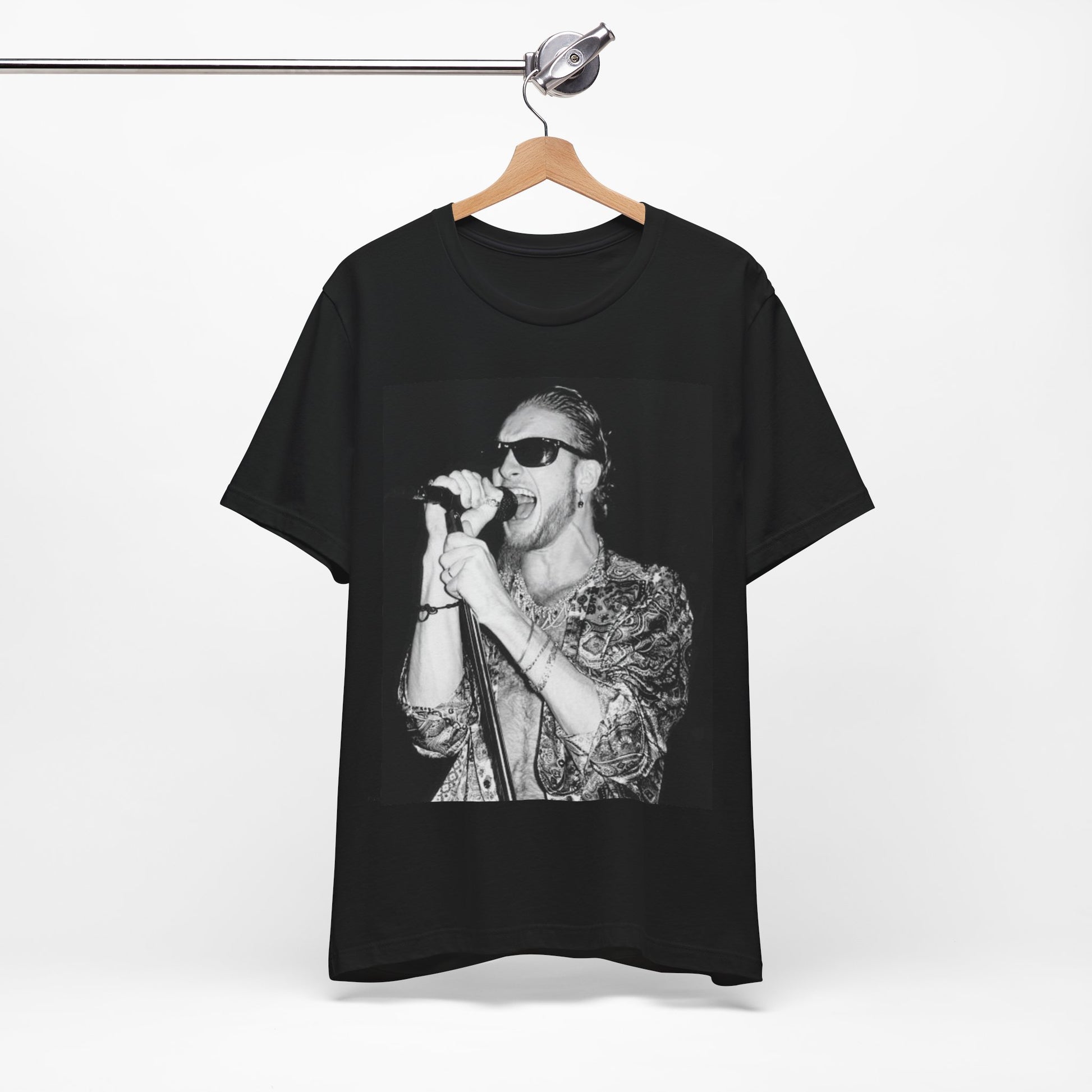 A black graphic t-shirt featuring an iconic black and white portrait photo of Layne Staley from Alice In Chains, showing his distinctive look.