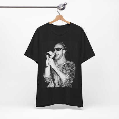 A black graphic t-shirt featuring an iconic black and white portrait photo of Layne Staley from Alice In Chains, showing his distinctive look.