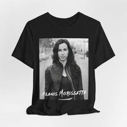 A black graphic t-shirt featuring a black and white photo of Alanis Morissette from 1998, showing her with a poised or thoughtful expression.