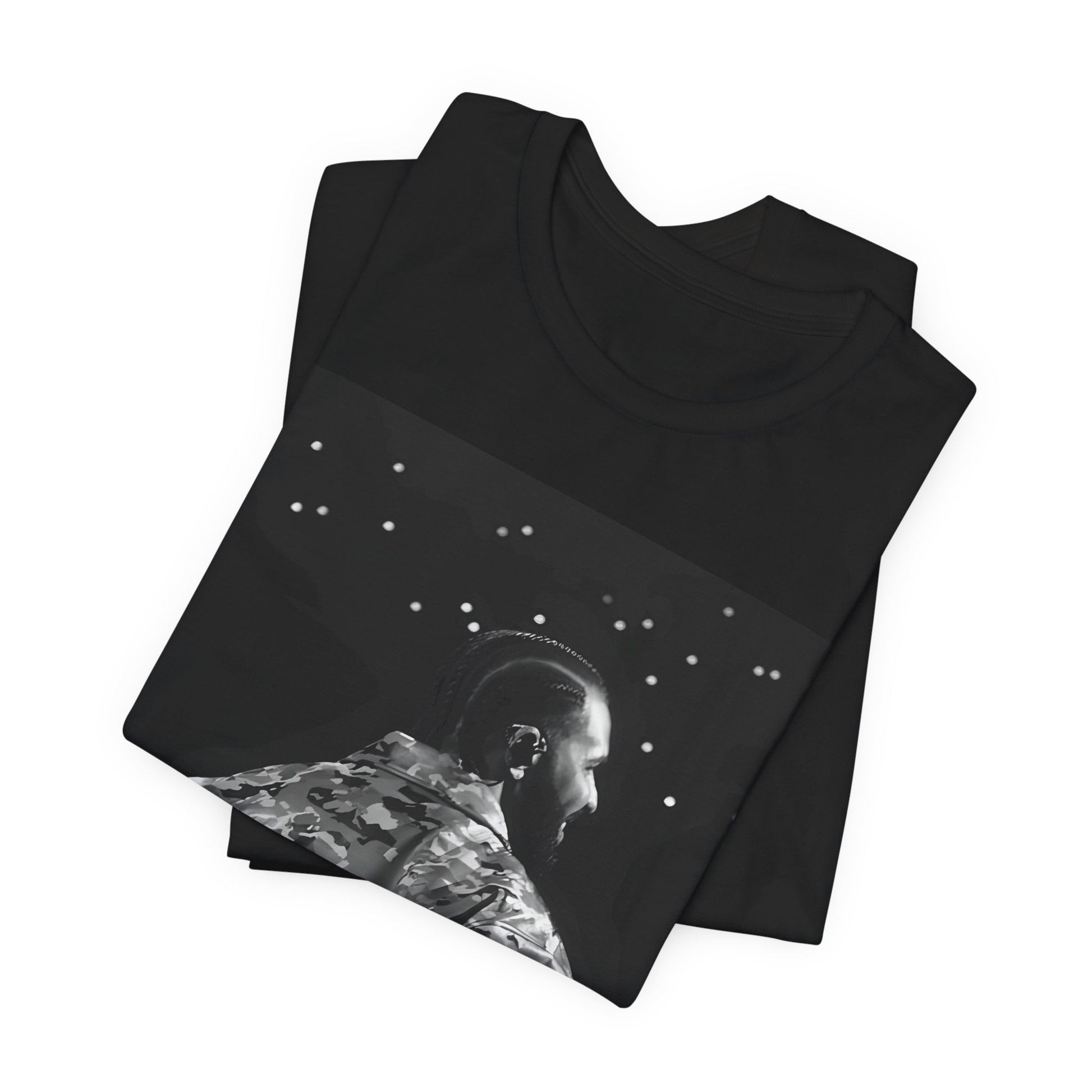 A black graphic t-shirt featuring a black and white graphic or photo of Drake performing live on stage.