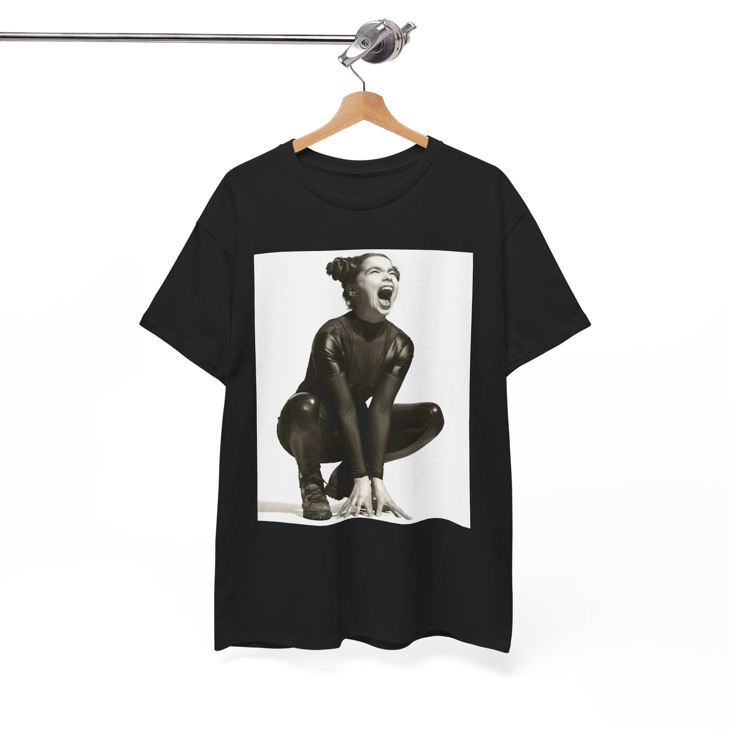 A black graphic t-shirt featuring a 90s black and white graphic of Bjork with a rebellious or edgy pose.