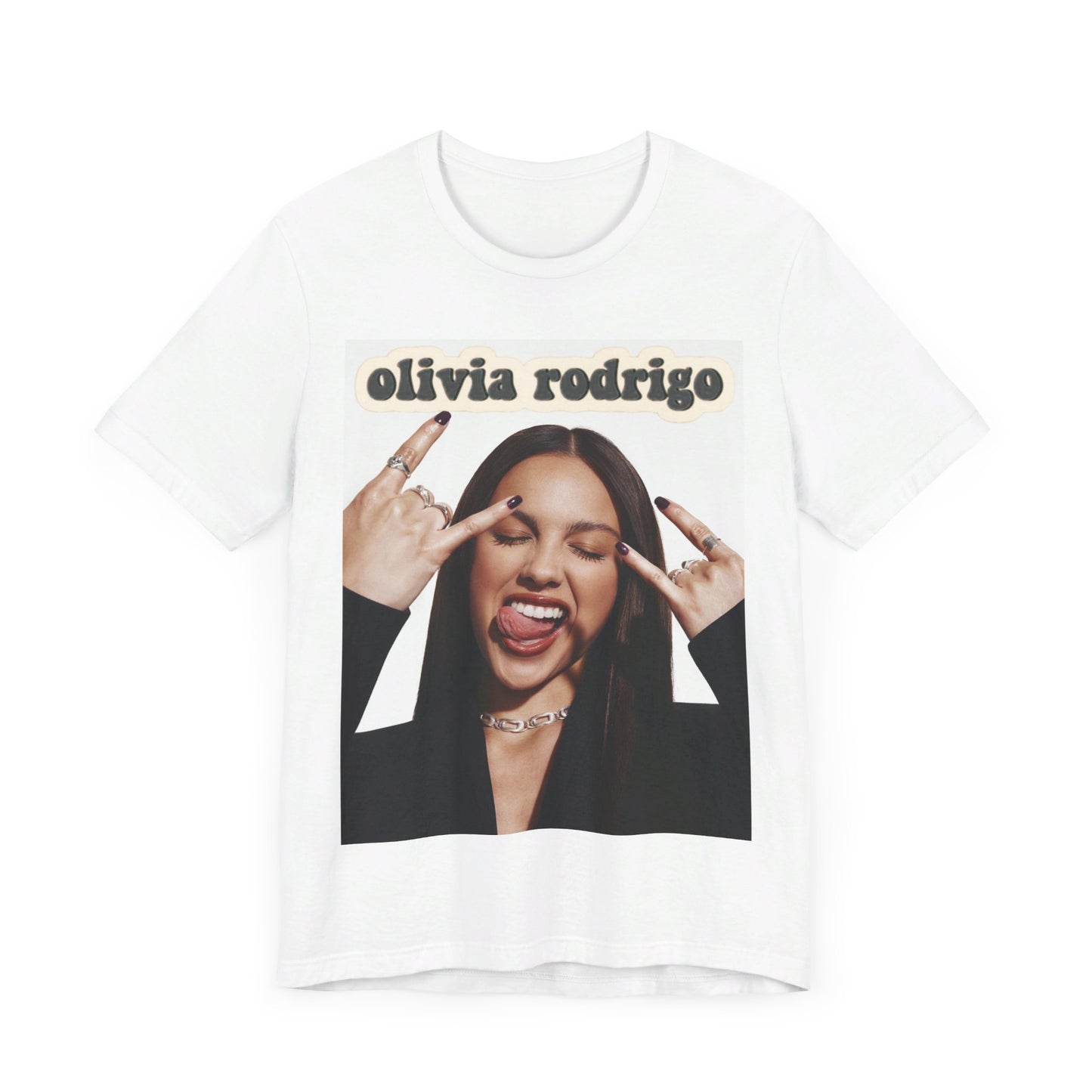 A black graphic t-shirt featuring a graphic related to Olivia Rodrigo's timeless pop anthems.