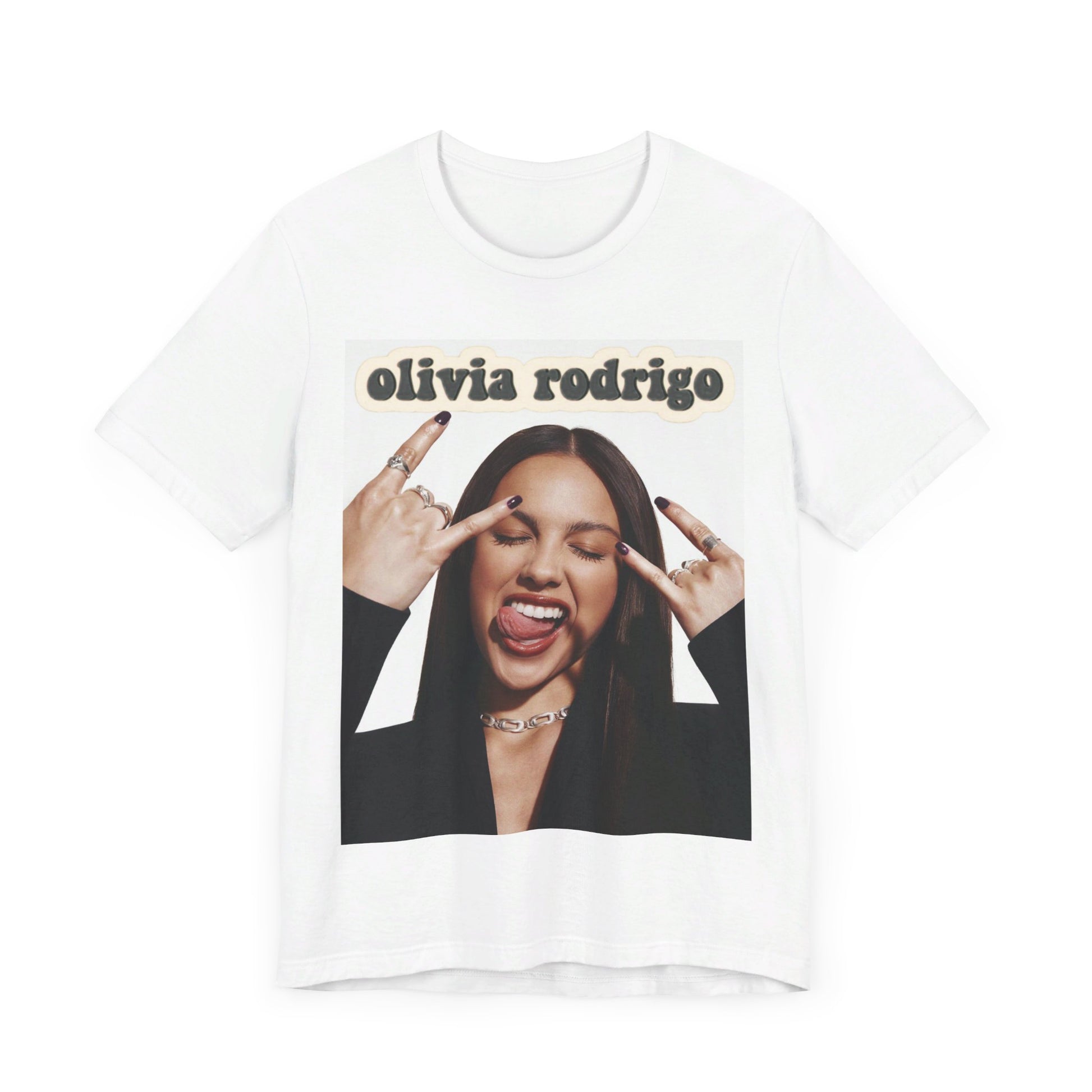 A black graphic t-shirt featuring a graphic related to Olivia Rodrigo's timeless pop anthems.