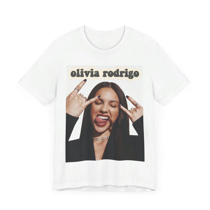 A black graphic t-shirt featuring a graphic related to Olivia Rodrigo's timeless pop anthems.