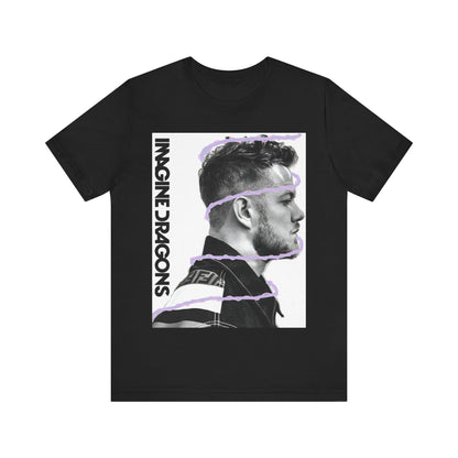 A black graphic t-shirt featuring a graphic of Imagine Dragons designed with a modern alt rock spirit.