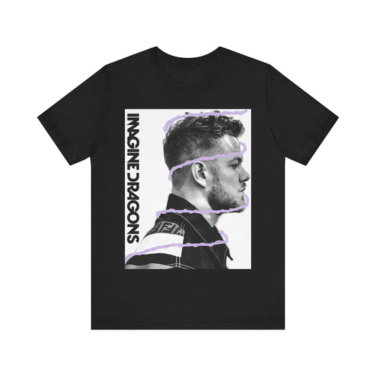 A black graphic t-shirt featuring a graphic of Imagine Dragons designed with a modern alt rock spirit.
