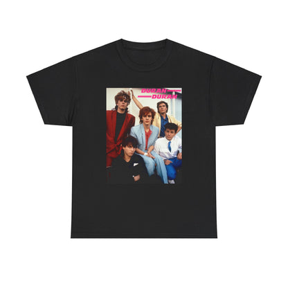 A black graphic t-shirt featuring a graphic of Duran Duran as 80s new wave pioneers.