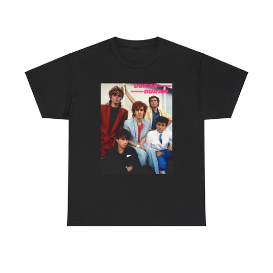 A black graphic t-shirt featuring a graphic of Duran Duran as 80s new wave pioneers.