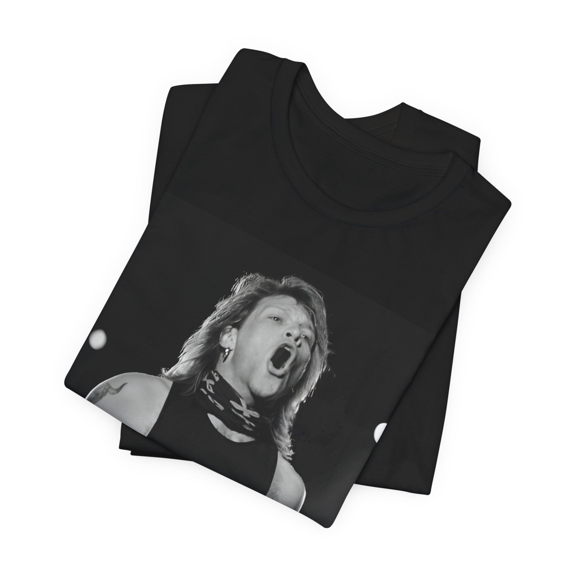 A black graphic t-shirt featuring a black and white iconic graphic or photo of Bon Jovi as superstars.