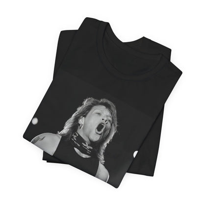 A black graphic t-shirt featuring a black and white iconic graphic or photo of Bon Jovi as superstars.