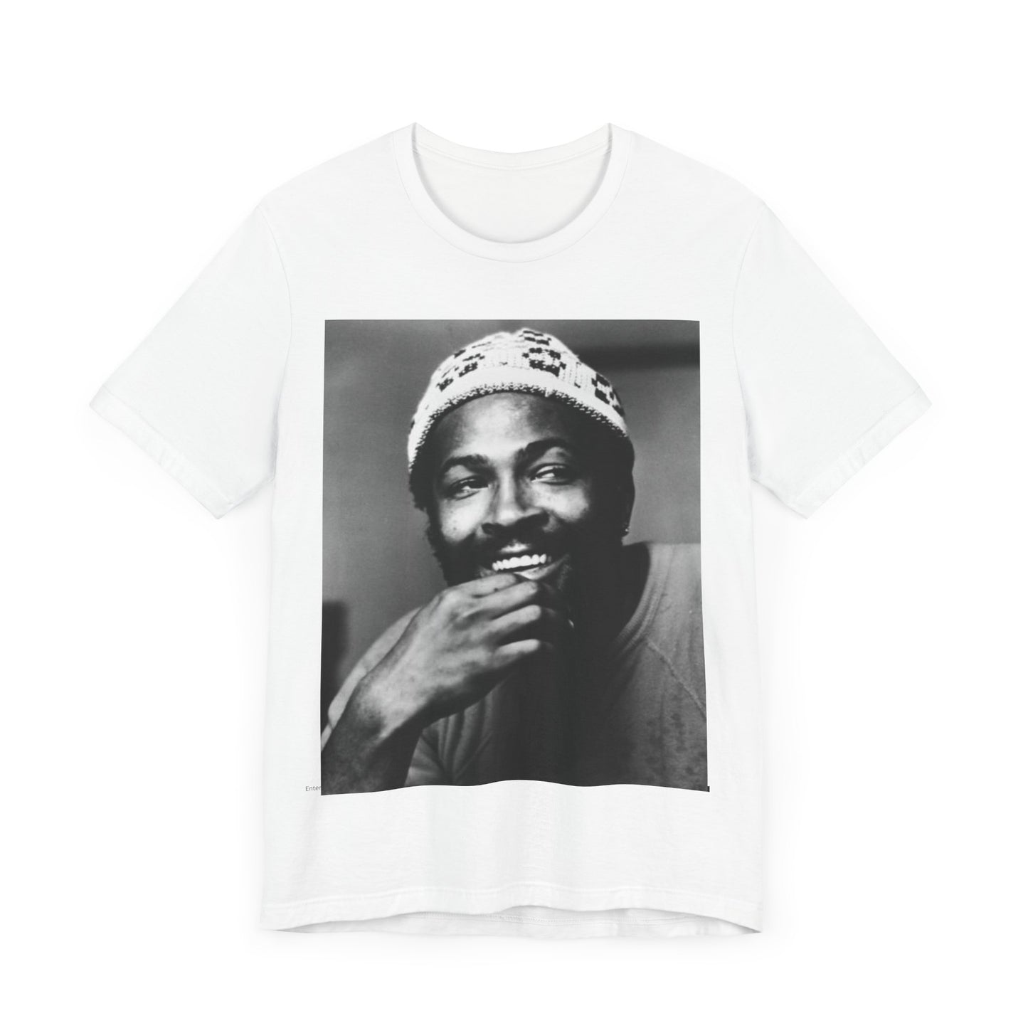 A black graphic t-shirt featuring a 70s retro portrait graphic of Marvin Gaye.