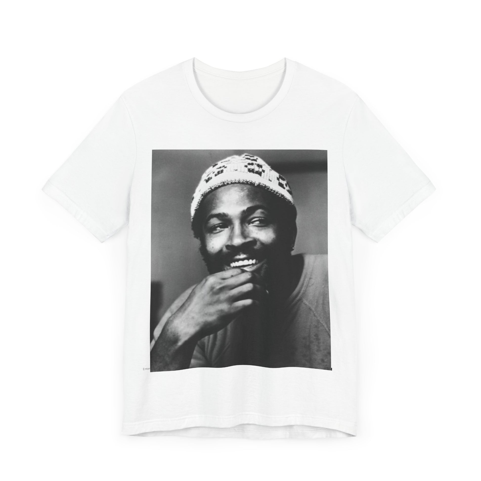 A black graphic t-shirt featuring a 70s retro portrait graphic of Marvin Gaye.