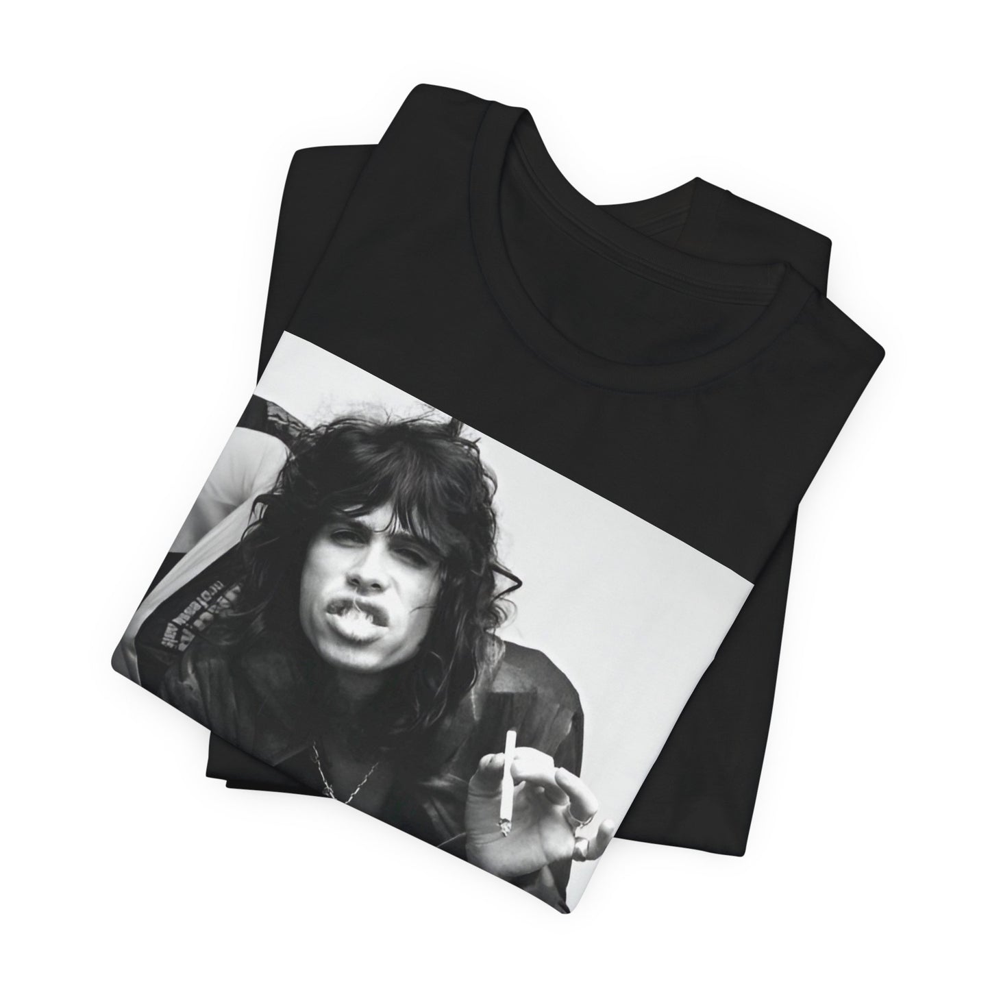 A black graphic t-shirt featuring a retro 70s photo of Aerosmith band members lounging in leather, exuding a cool, classic rock vibe.