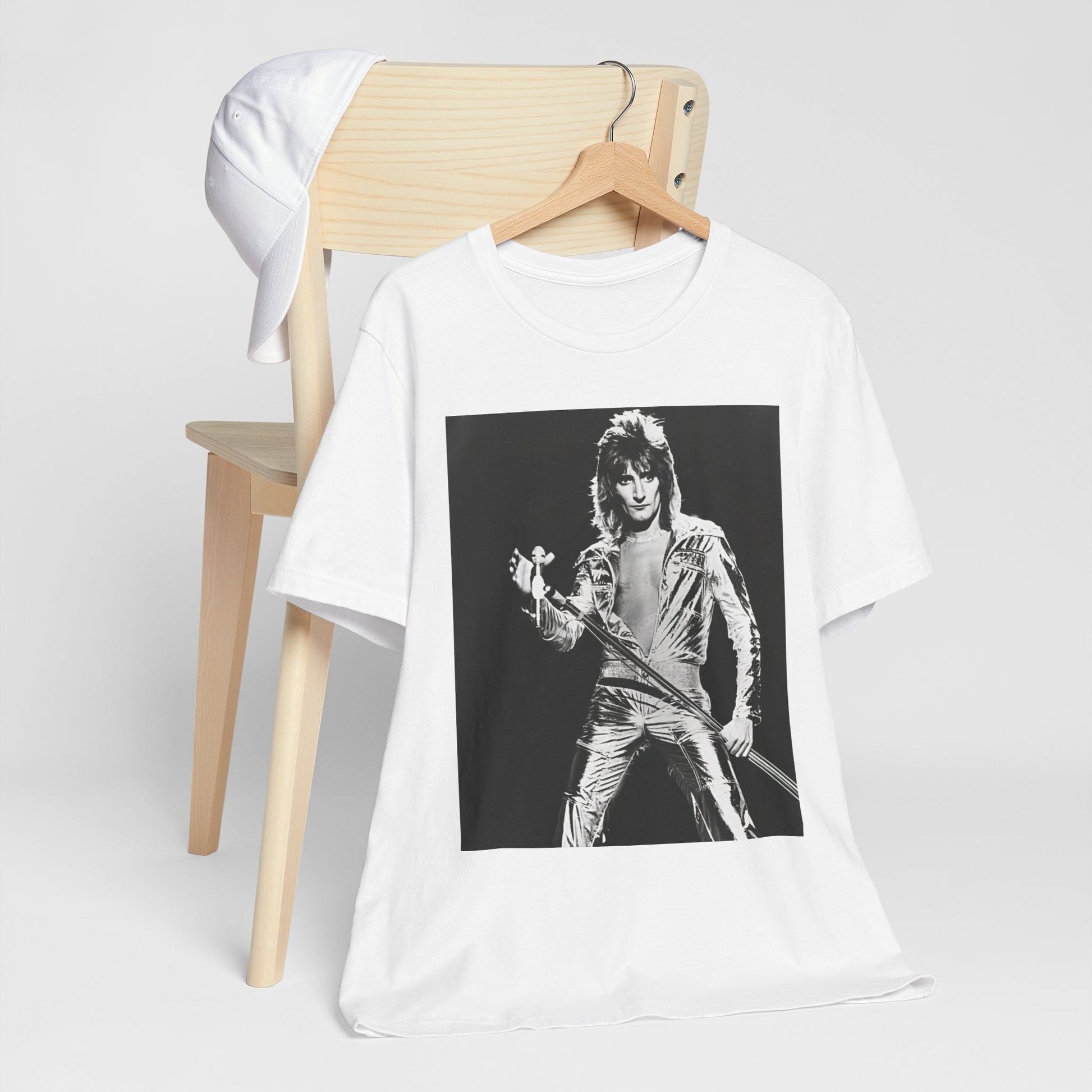 A black graphic t-shirt featuring a 70s black and white monochrome graphic or photo of Rod Stewart.