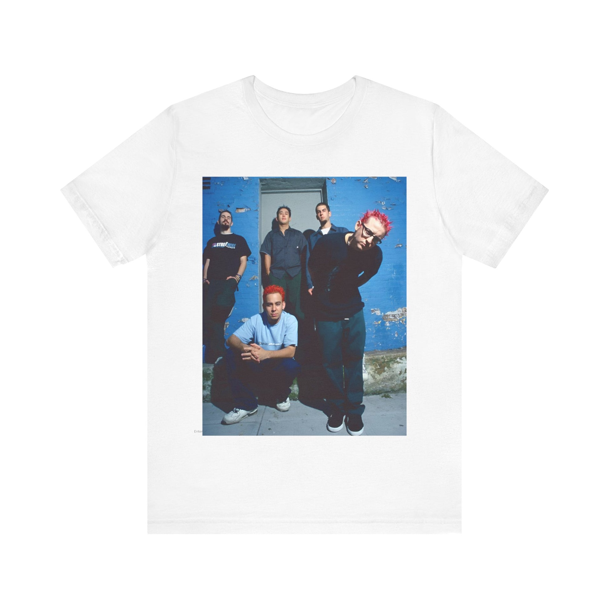 A black graphic t-shirt featuring a graphic of Linkin Park as nu-metal pioneers.