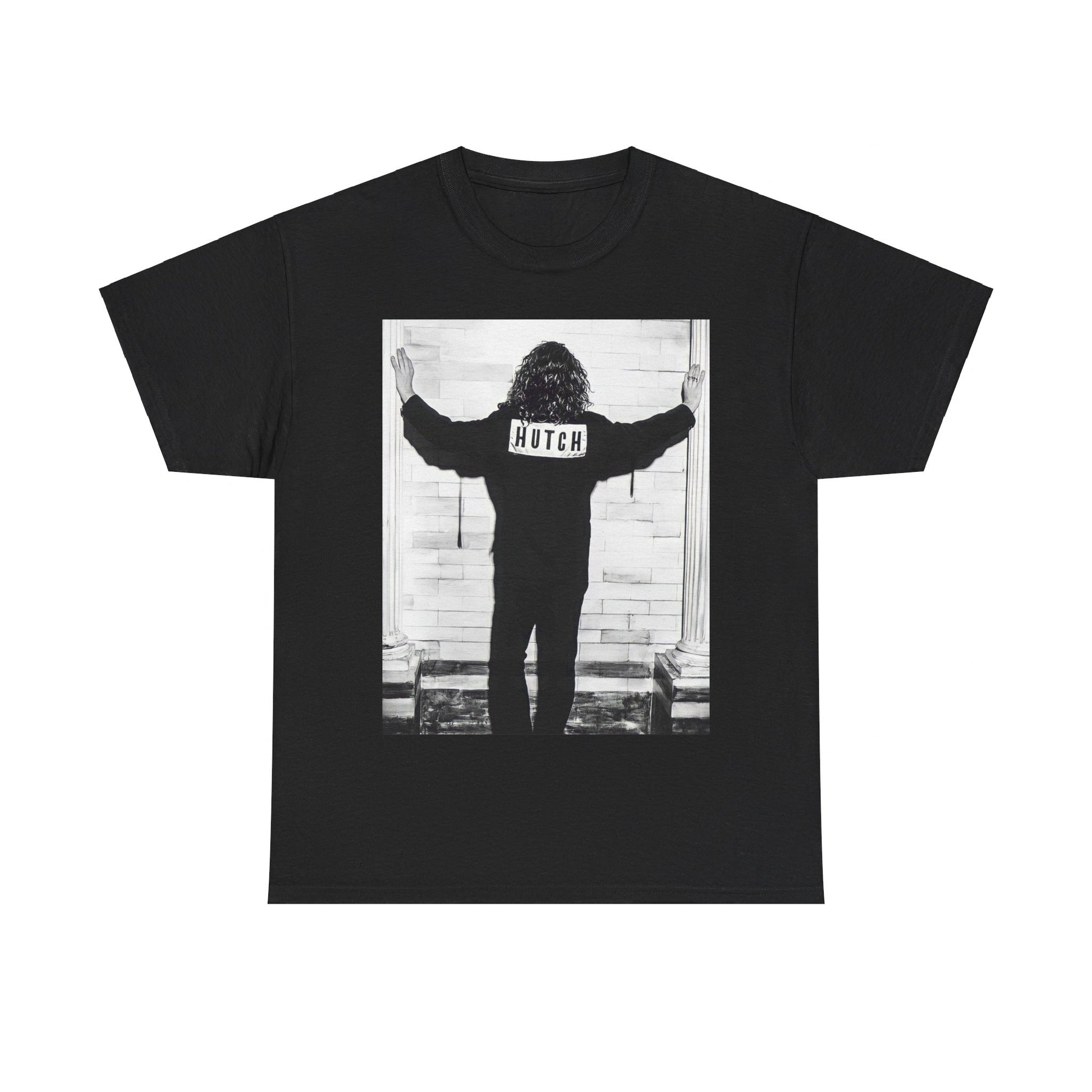 A black graphic t-shirt featuring a graphic of Michael Hutchence from INXS, labeled 'Hutch'.