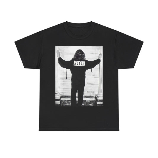A black graphic t-shirt featuring a graphic of Michael Hutchence from INXS, labeled 'Hutch'.