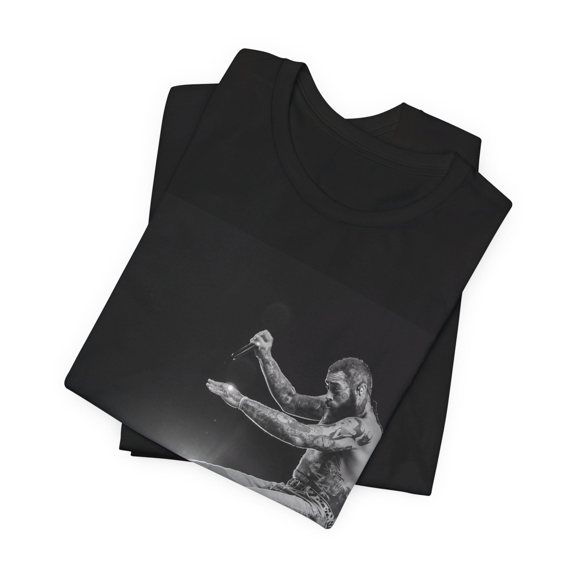 A black graphic t-shirt featuring a vintage graphic or photo of Post Malone performing live.