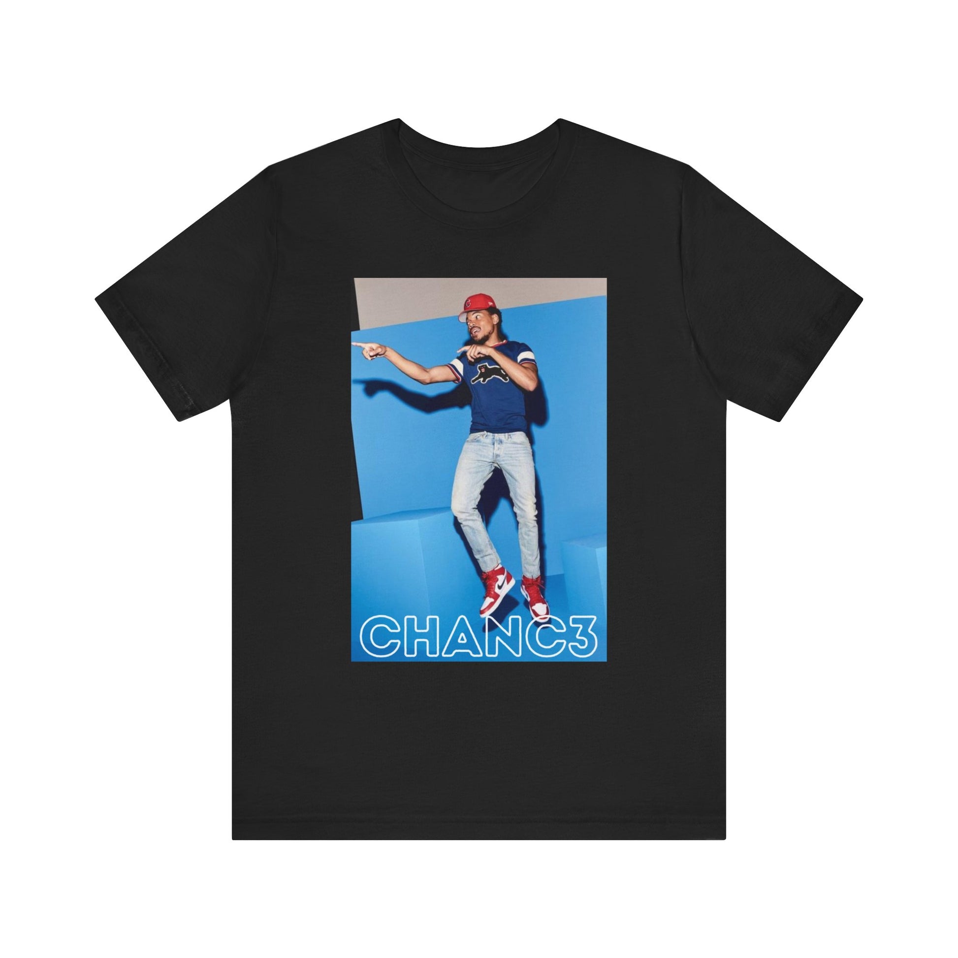 A black graphic t-shirt featuring a graphic of Chance the Rapper emphasizing his gospel rap style.