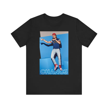A black graphic t-shirt featuring a graphic of Chance the Rapper emphasizing his gospel rap style.