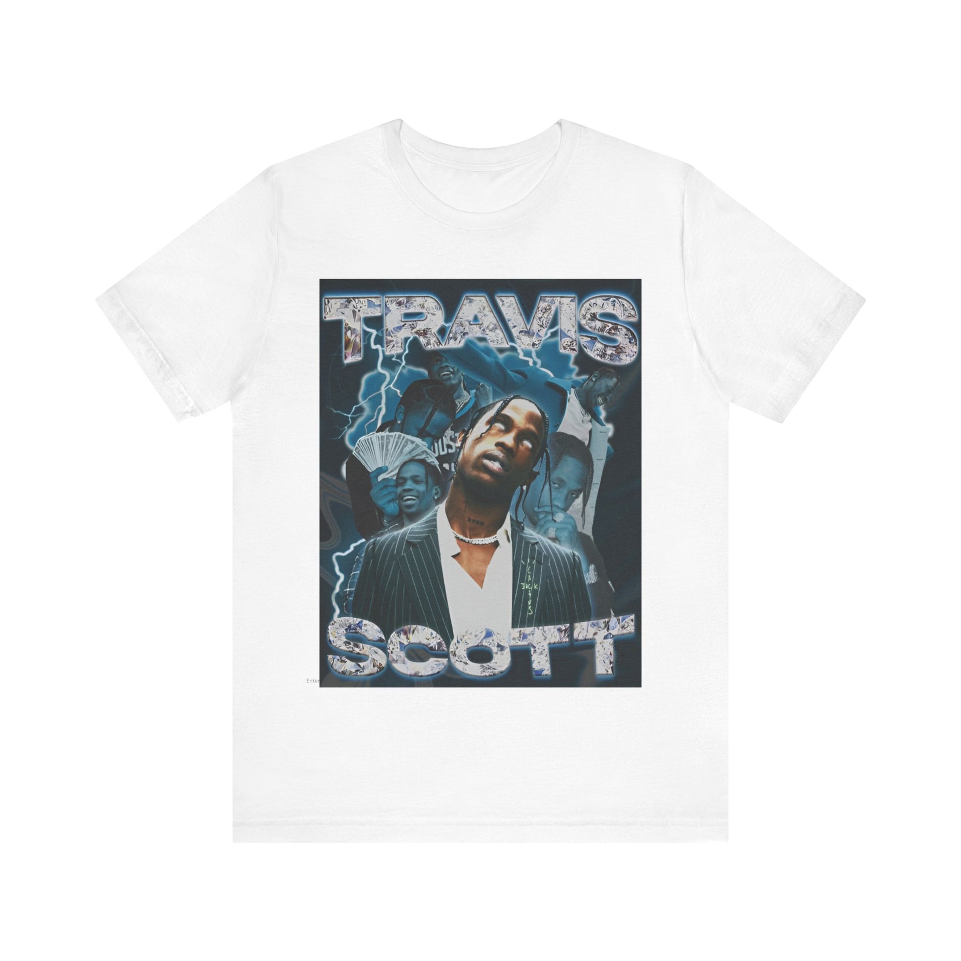 A black graphic t-shirt featuring a 90s bootleg style graphic of Travis Scott.