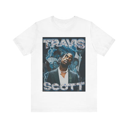 A black graphic t-shirt featuring a 90s bootleg style graphic of Travis Scott.