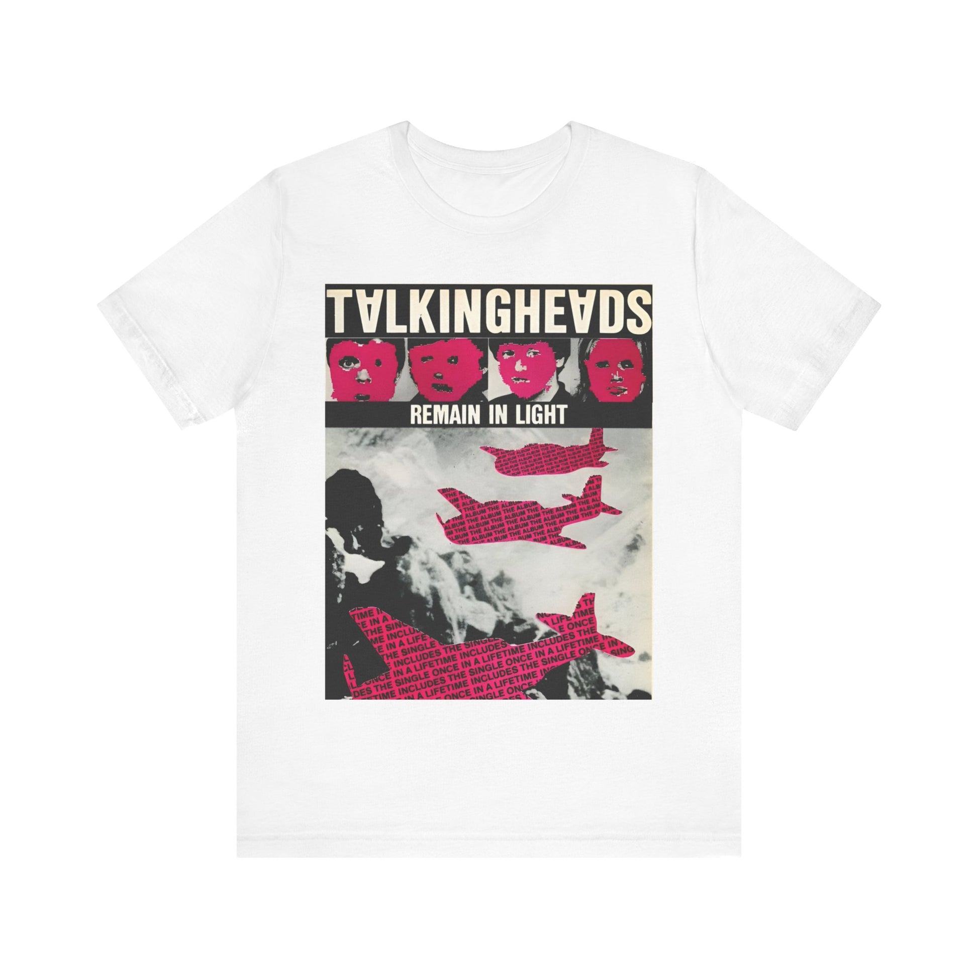 A black graphic t-shirt featuring an 80s art pop aesthetic graphic of Talking Heads.