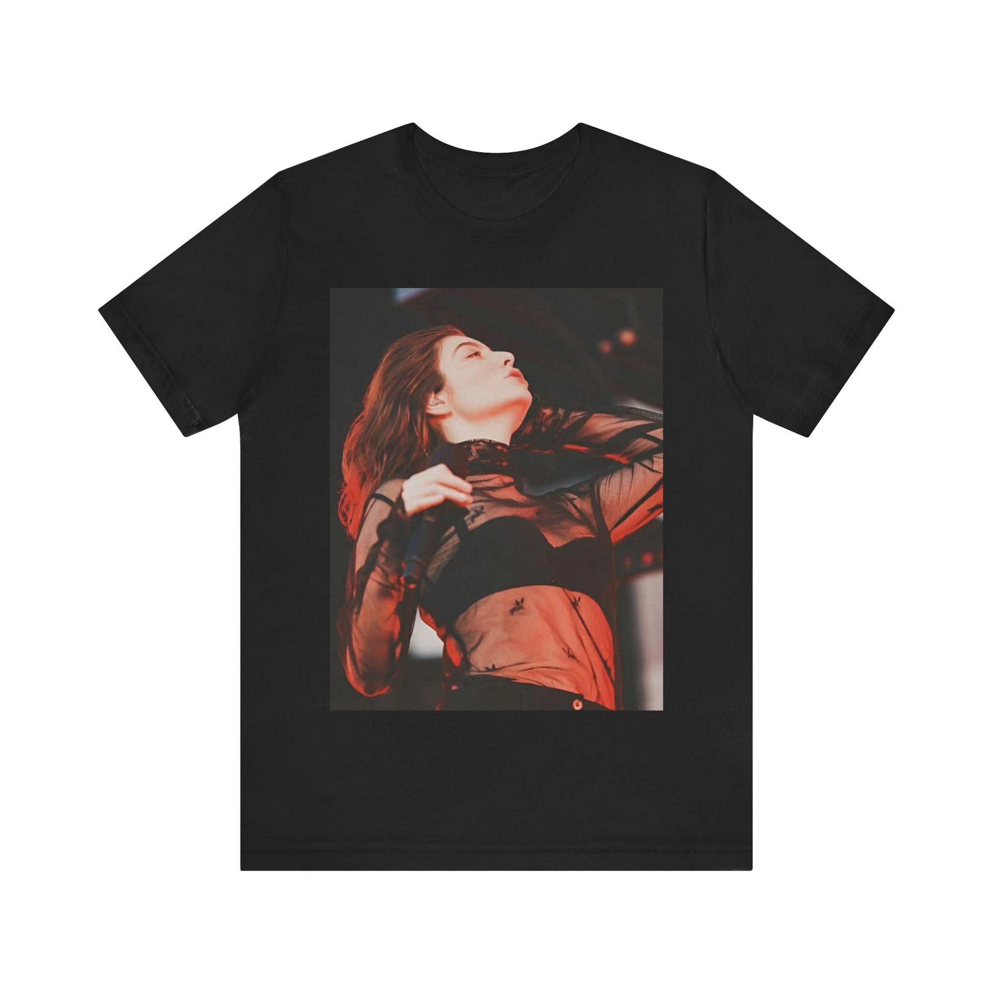 A black graphic t-shirt featuring a graphic of Lorde emphasizing raw emotion.