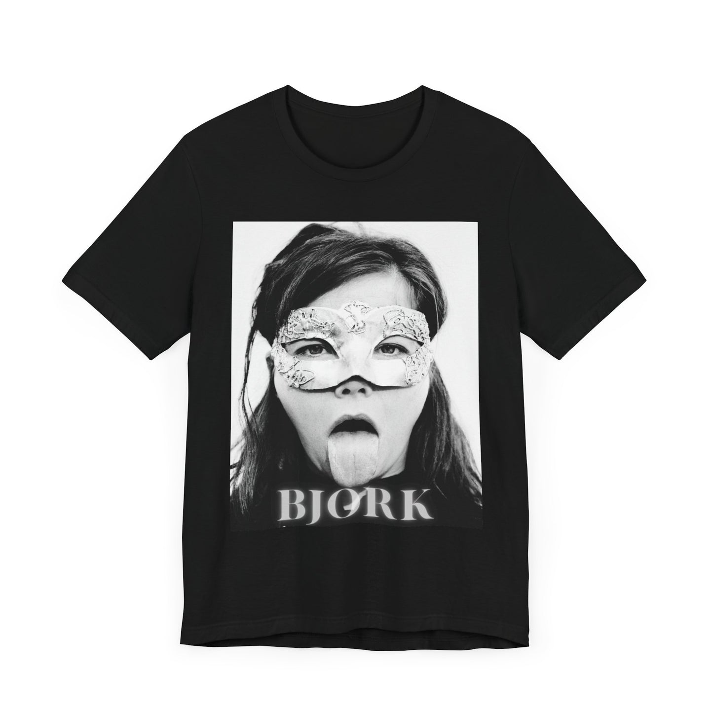 A black graphic t-shirt featuring a black and white portrait photo of Bjork.