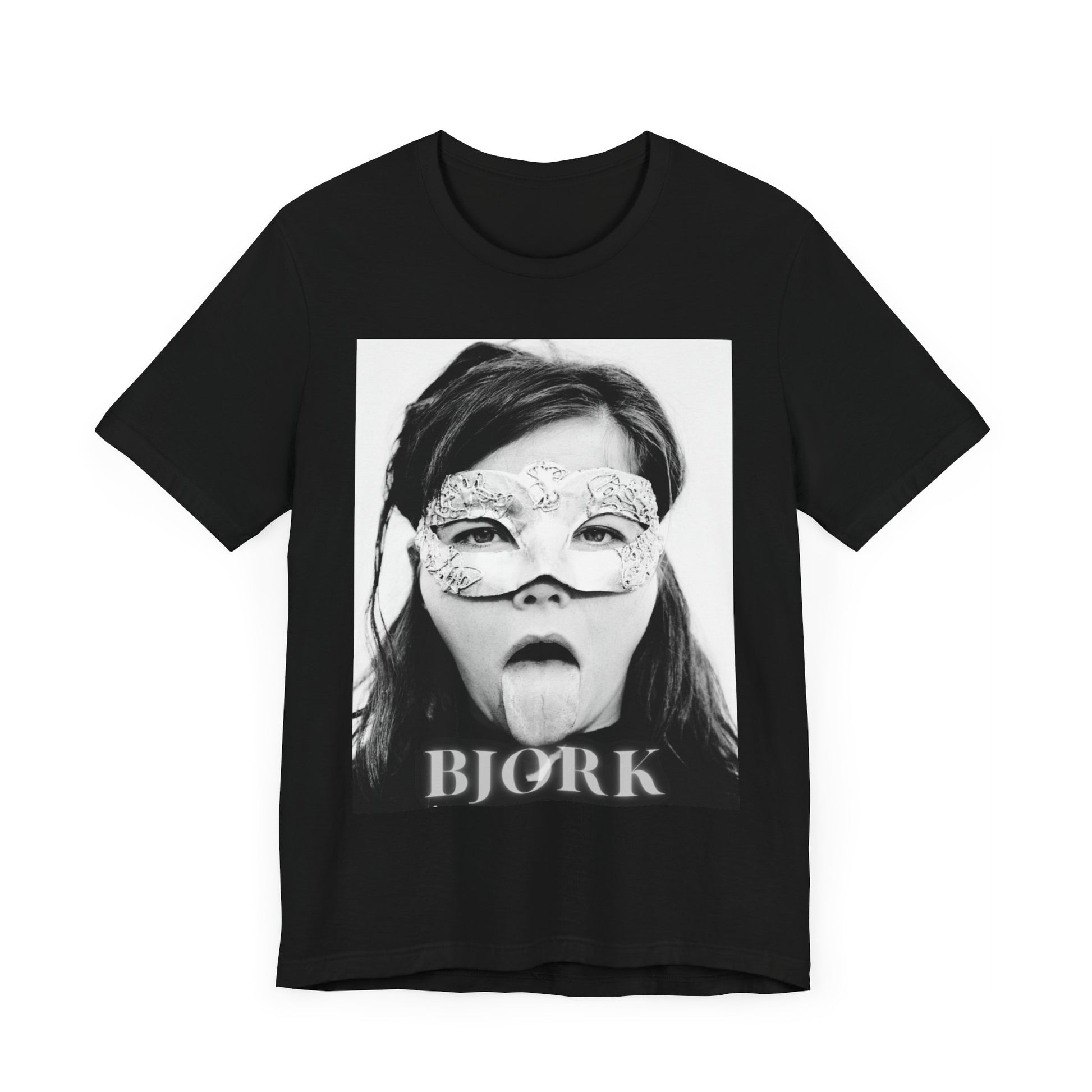 A black graphic t-shirt featuring a black and white portrait photo of Bjork.