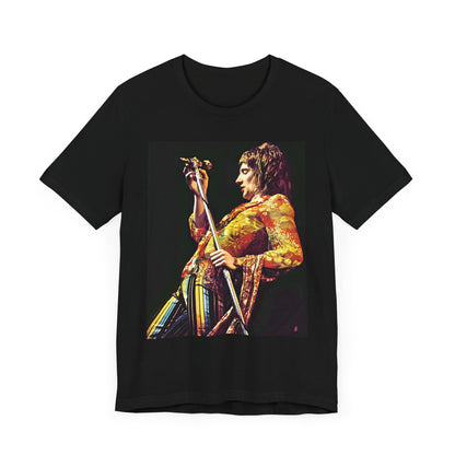 A black graphic t-shirt featuring a fierce graphic of Rod Stewart performing on stage from the 70s.