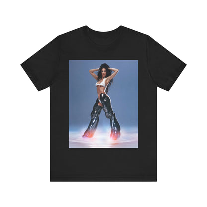 A black graphic t-shirt featuring a graphic of Katy Perry as a pop diva.
