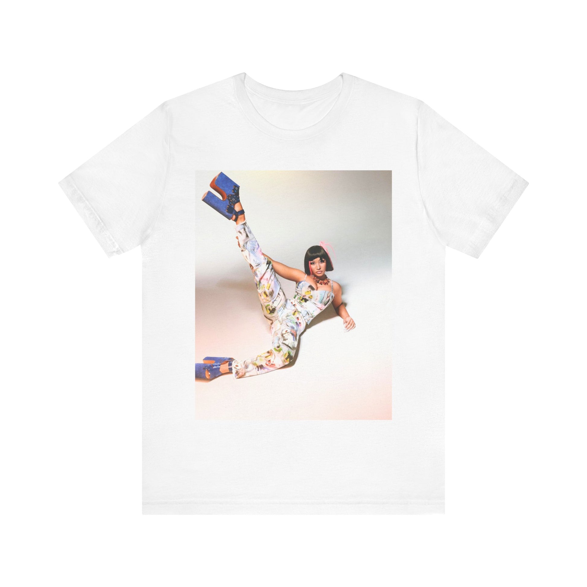 A black graphic t-shirt featuring a graphic of Nicki Minaj as a global fashion rap queen.