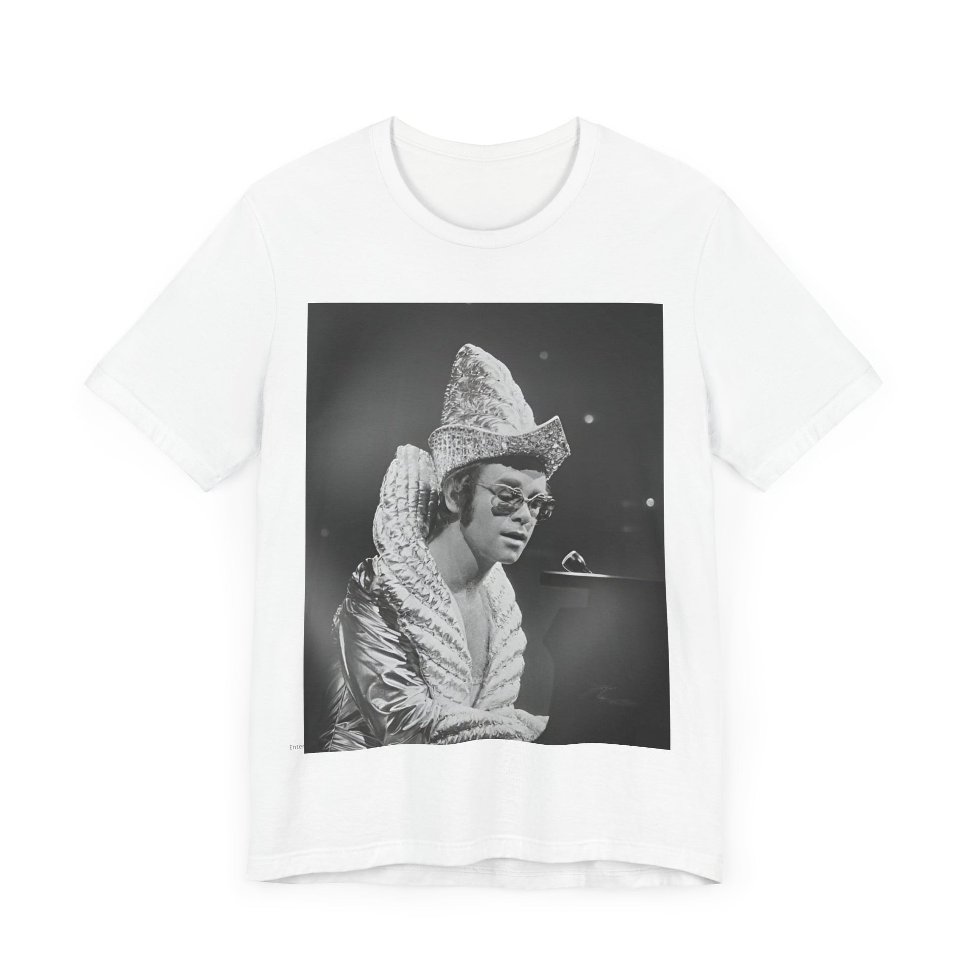 A black graphic t-shirt featuring a 70s pop aesthetic graphic of Elton John.