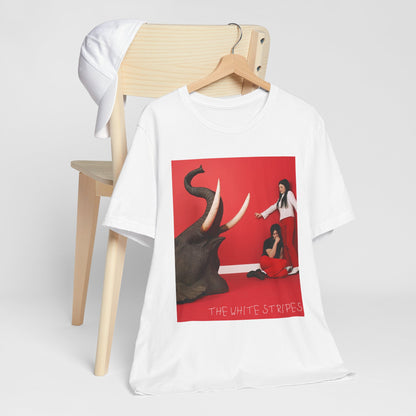 A black graphic t-shirt featuring a graphic related to The White Stripes' 'Elephant' album.