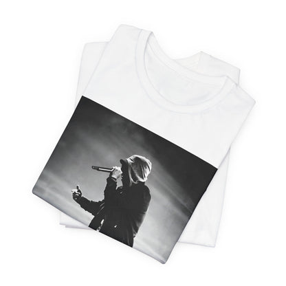 A black graphic t-shirt featuring a boxy hip hop aesthetic graphic of Eminem.