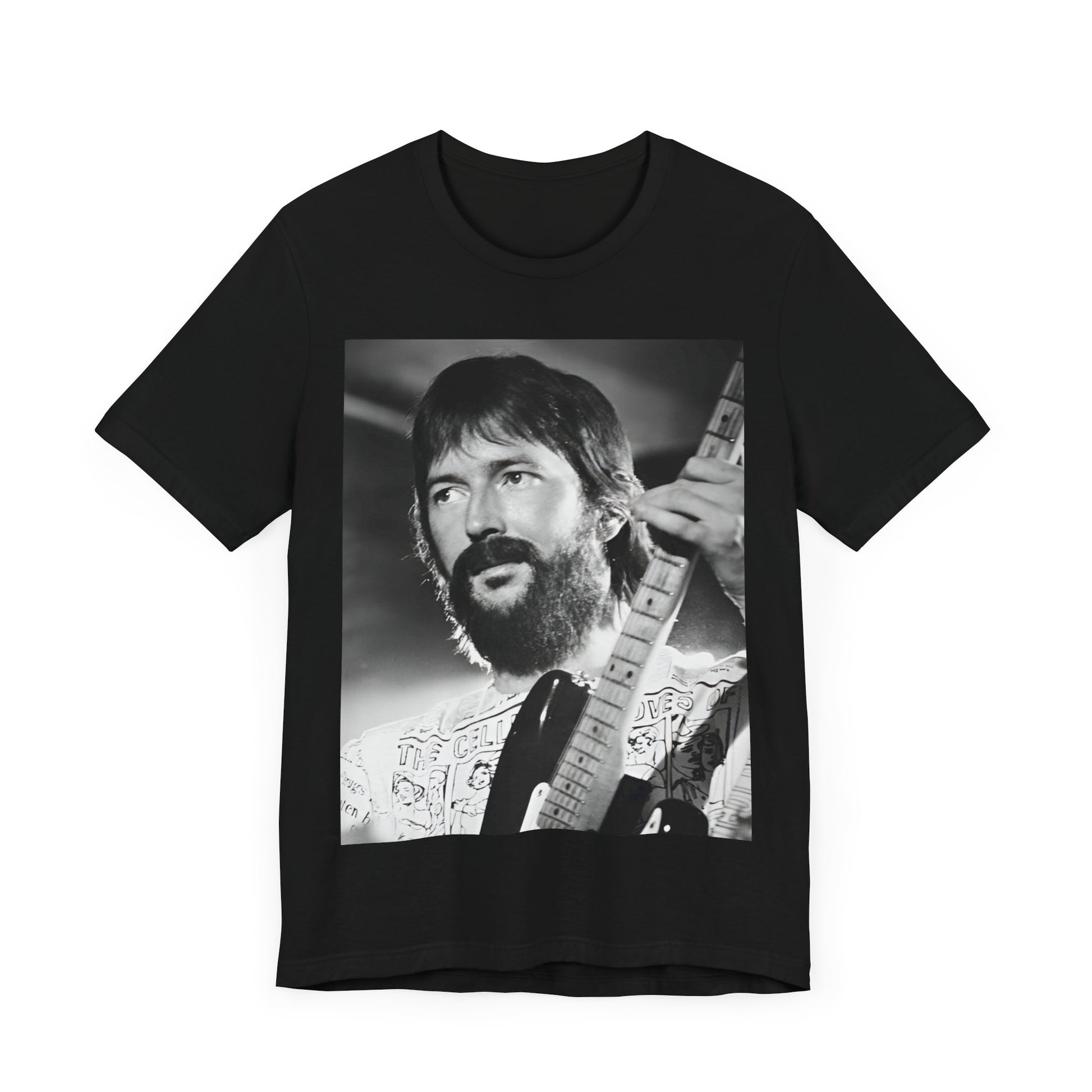 A black graphic t-shirt featuring a graphic of Eric Clapton as an authentic guitar god.