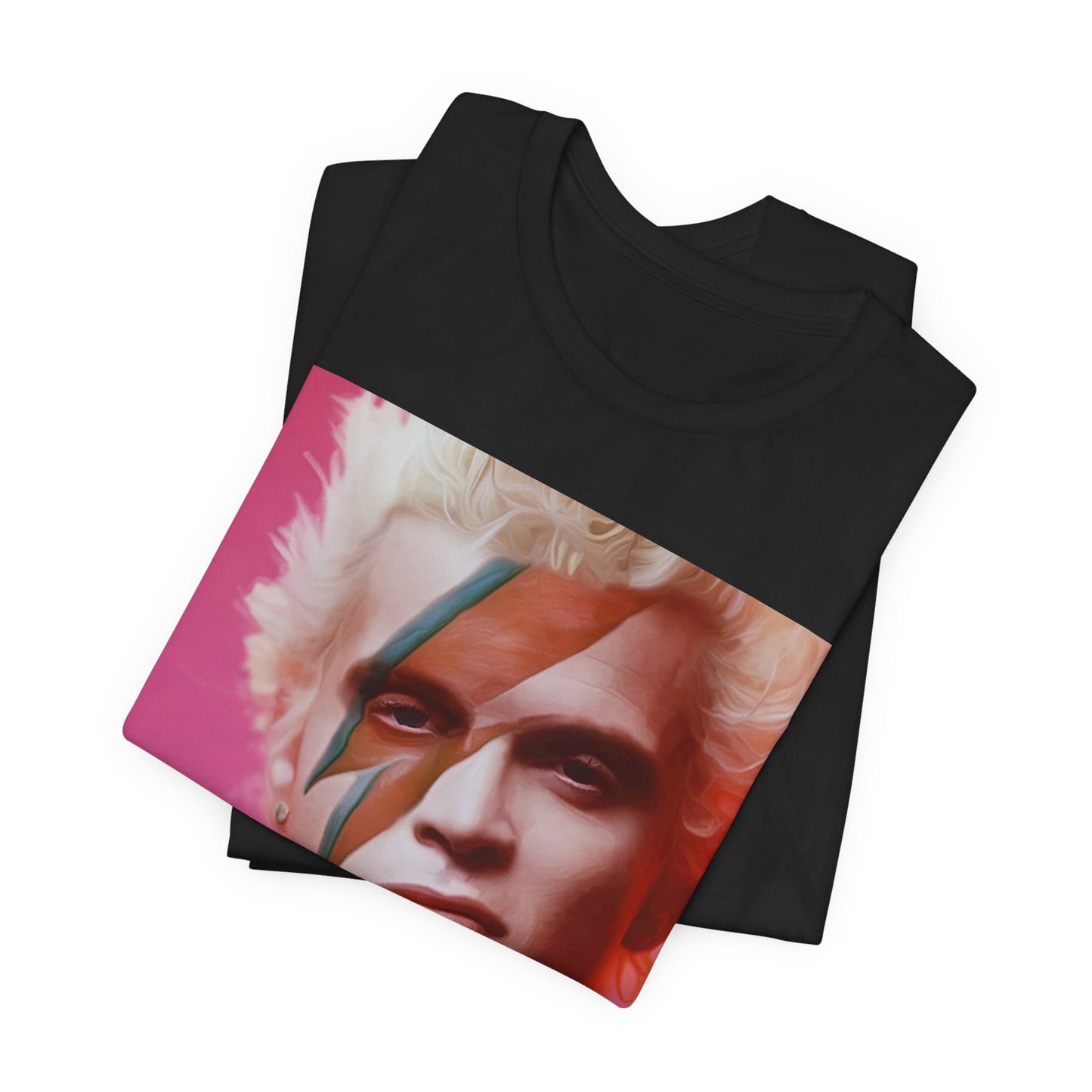 A black graphic t-shirt featuring a retro 80s aesthetic graphic of Billy Idol.