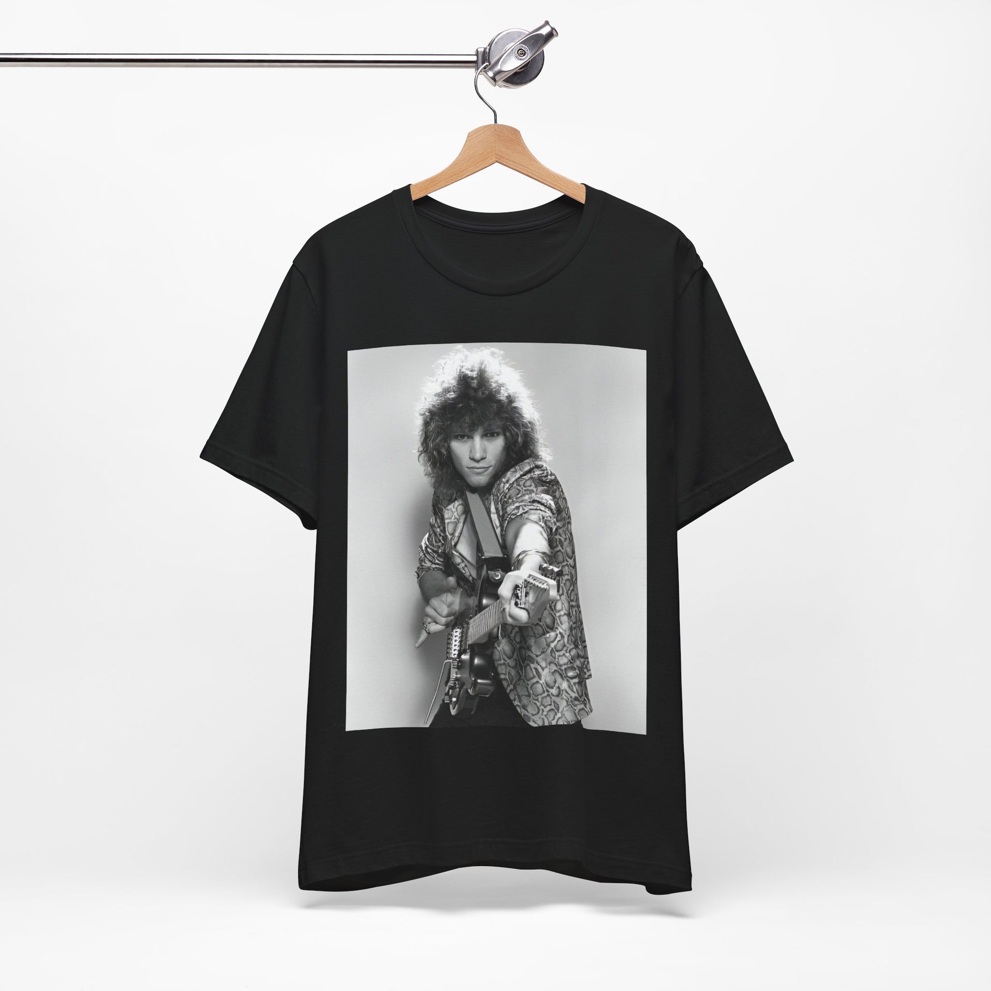 A black graphic t-shirt featuring a vintage 80s rock graphic of Bon Jovi.