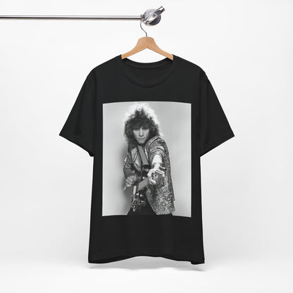 A black graphic t-shirt featuring a vintage 80s rock graphic of Bon Jovi.